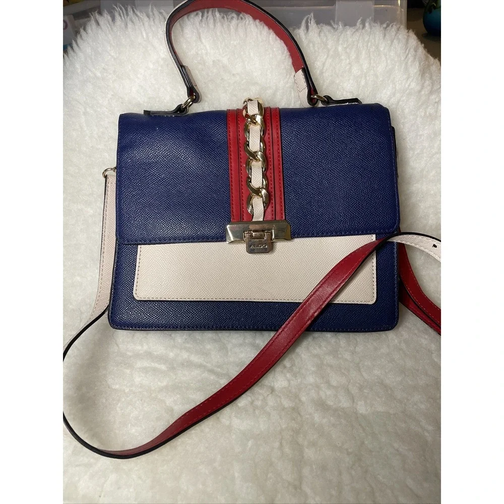 ALDO Crossbody Purse Bag Blue Cream Red Gold Accents Zipper Pocket Buckle July 4 - Picture 1 of 16